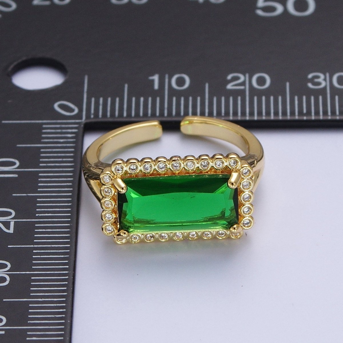 Gold Baguette Emerald Green & Round Clear Cubic Zirconia Adjustable Ring R-008 - DLUXCA