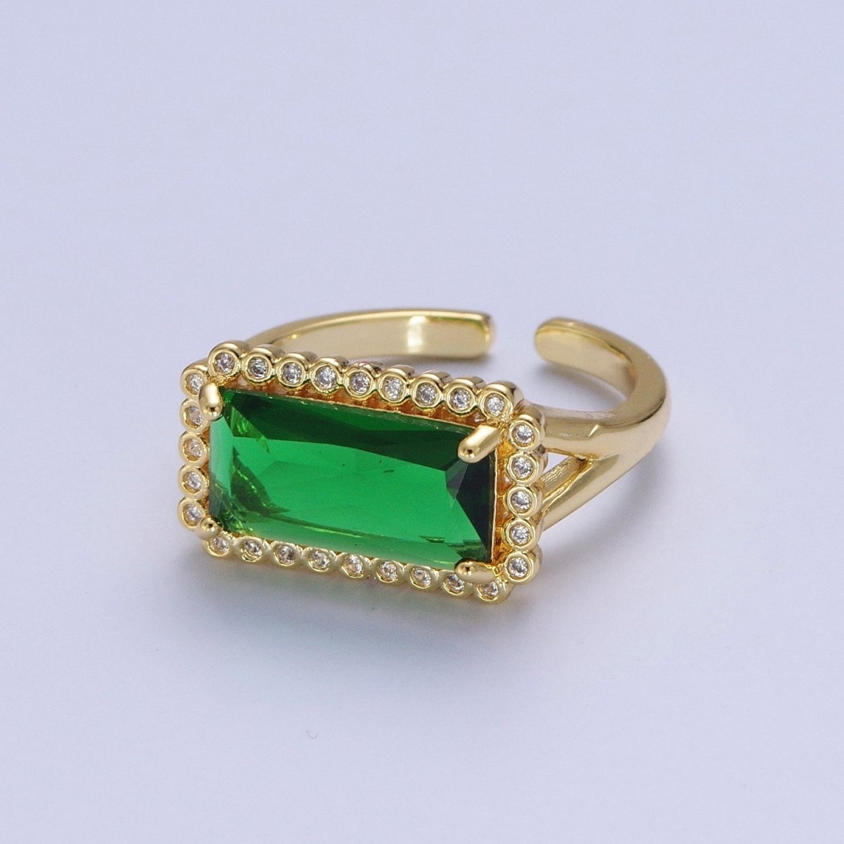 Gold Baguette Emerald Green & Round Clear Cubic Zirconia Adjustable Ring R-008 - DLUXCA