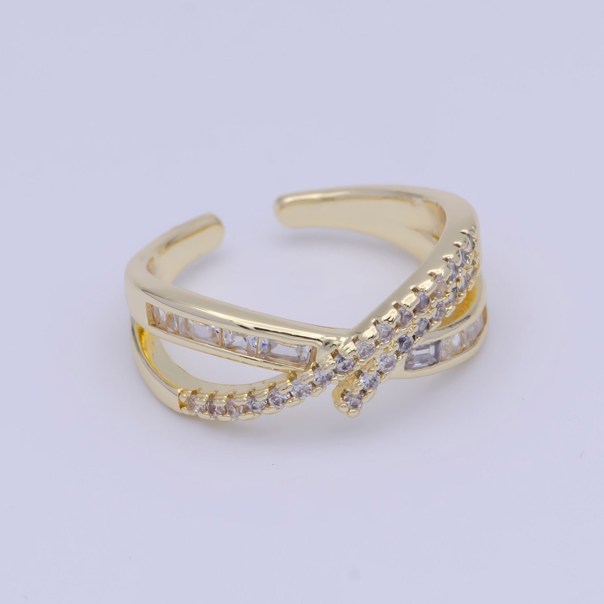 Gold Baguette Micro Paved CZ Gold Knot Double Band Ring | X-621 - DLUXCA