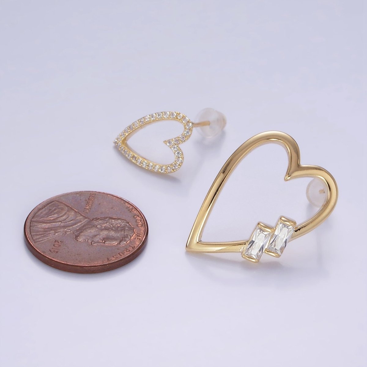 Gold Baguette Micro Paved CZ Open Heart Stud Earrings Set in Gold & Silver | AE484 AE485 - DLUXCA