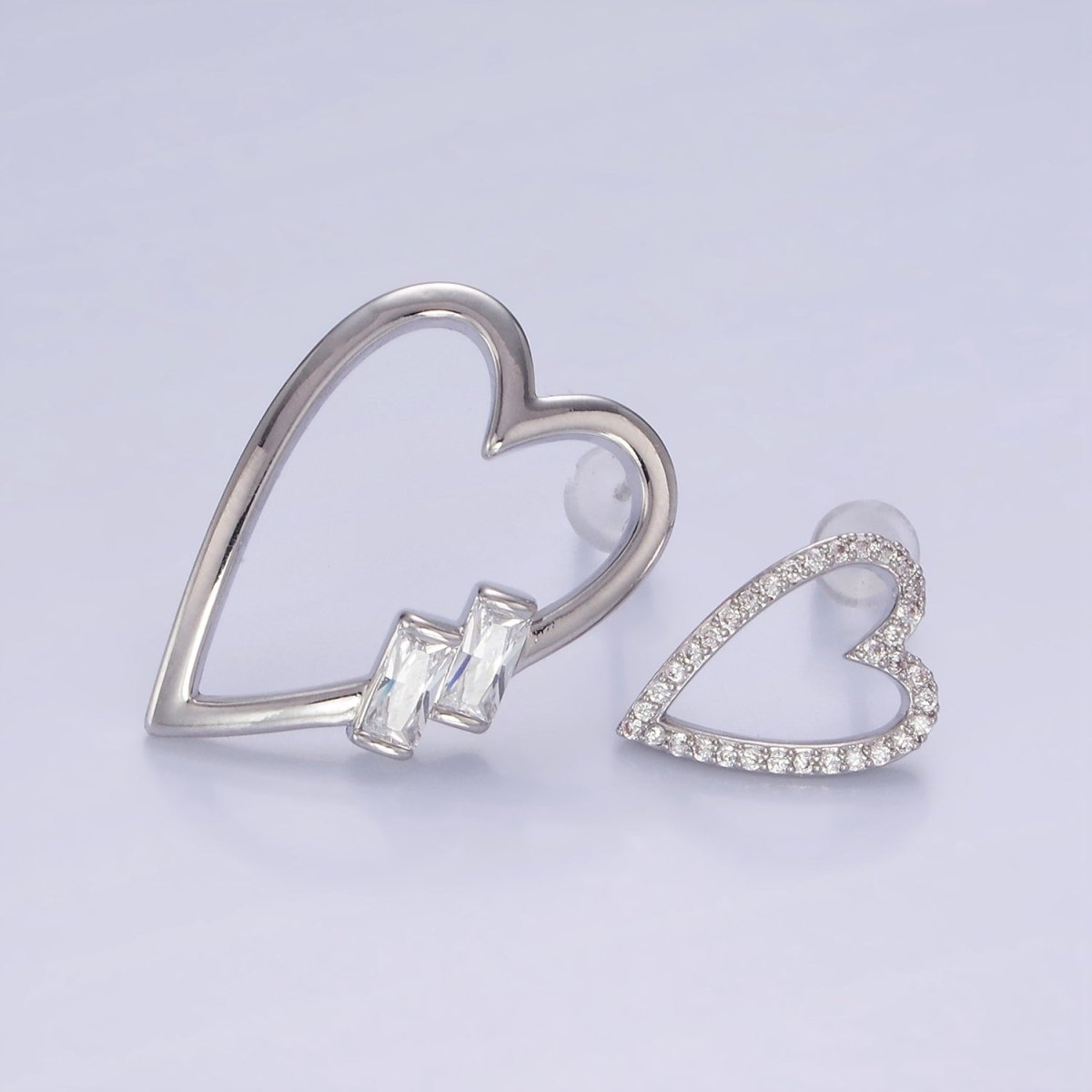 Gold Baguette Micro Paved CZ Open Heart Stud Earrings Set in Gold & Silver | AE484 AE485 - DLUXCA