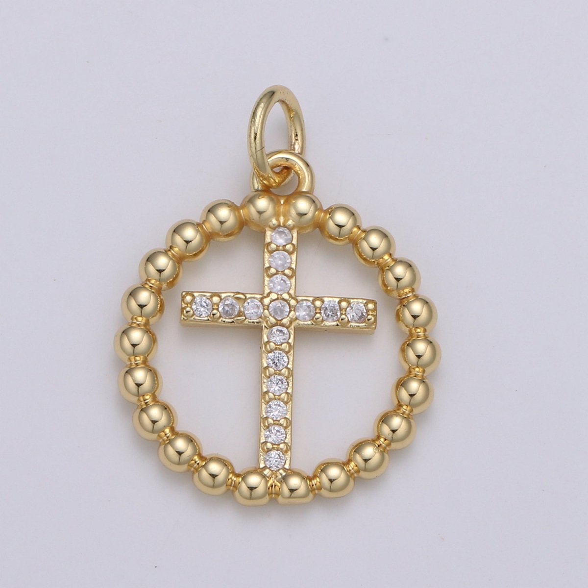Gold Ball Chain Round Charm, Micro Pave Cz Circle Cross Pendant, 21x16mm geometric charm for necklace earring bracelet supply E-077 - DLUXCA