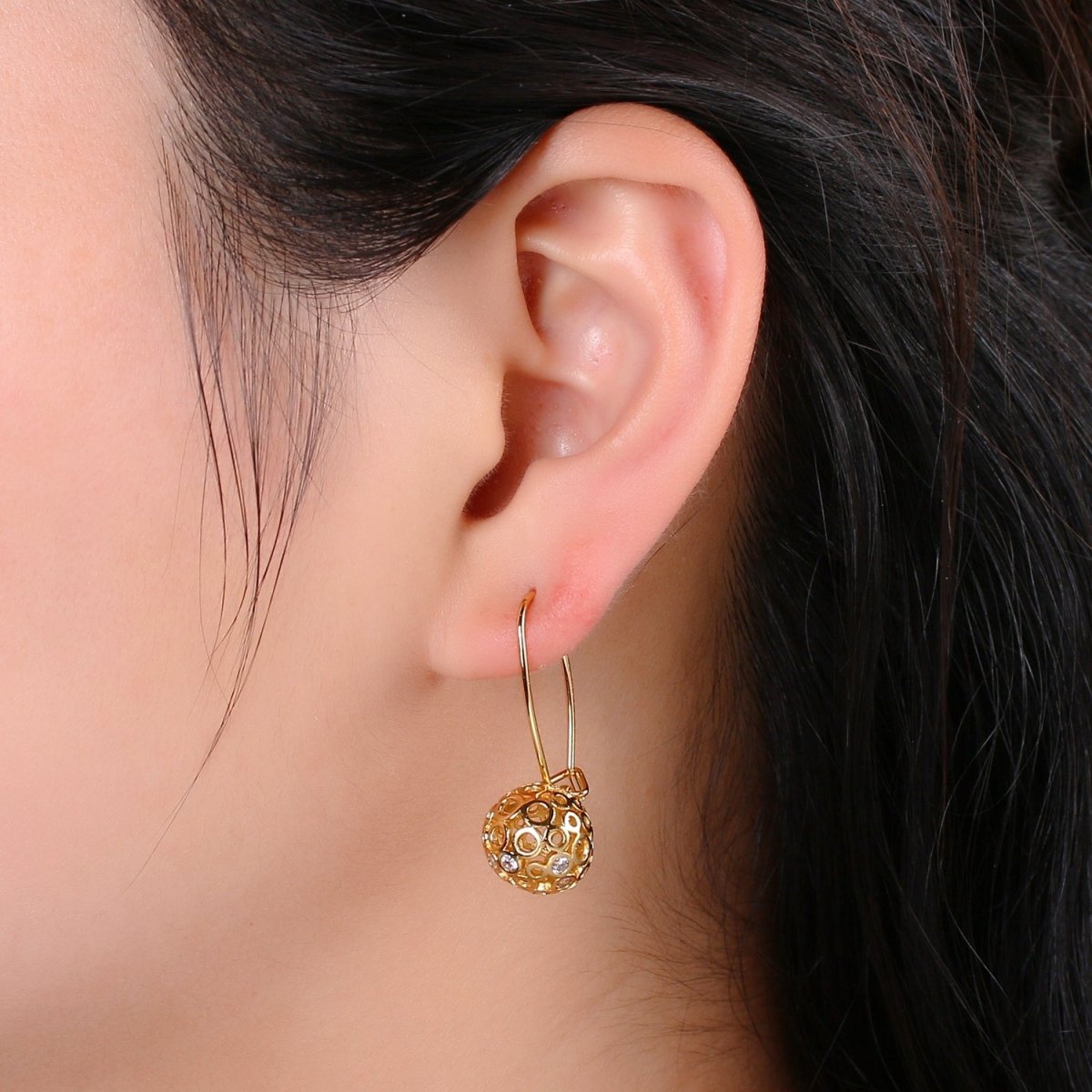 Gold Ball Earrings - 24k Gold Filled Drop Ball Earrings Dangle Earrings - Statement Jewelry Party Earring Q-324 - DLUXCA