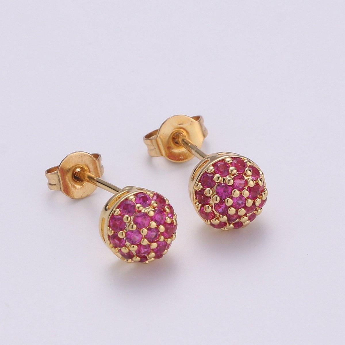 Gold Ball Stud Earrings Set, 14k Gold Plated Sterling Silver Hypoallergenic Jewelry Micro Pave Fuschia Stud Q-259 - DLUXCA