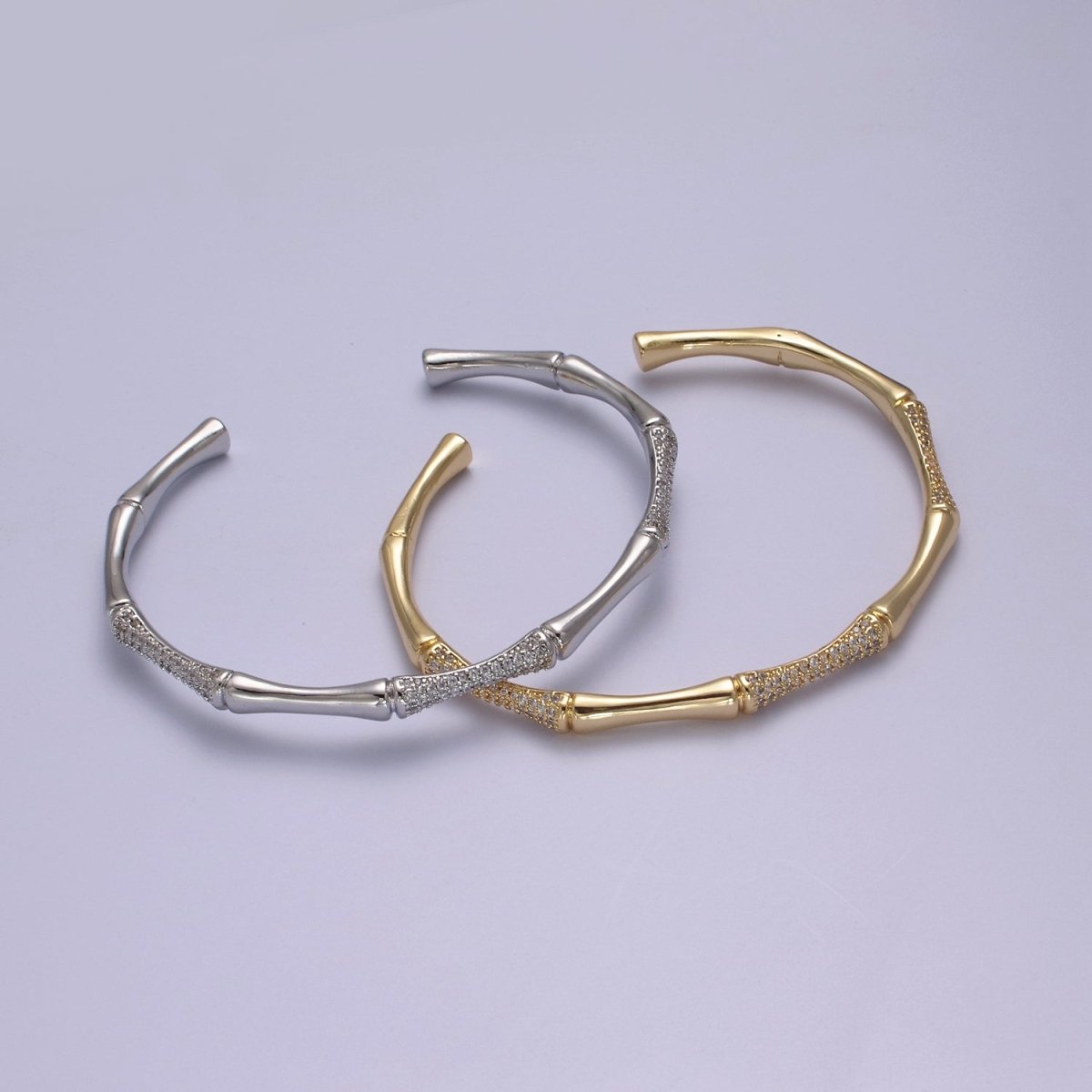 Gold Bamboo Bracelet, Silver Cuff Bangle Bracelet CZ Gold Bamboo Bangle, Adjustable Stackable Jewelry Minimalist Open Bracelet | WA-698 WA-699 Clearance Pricing - DLUXCA