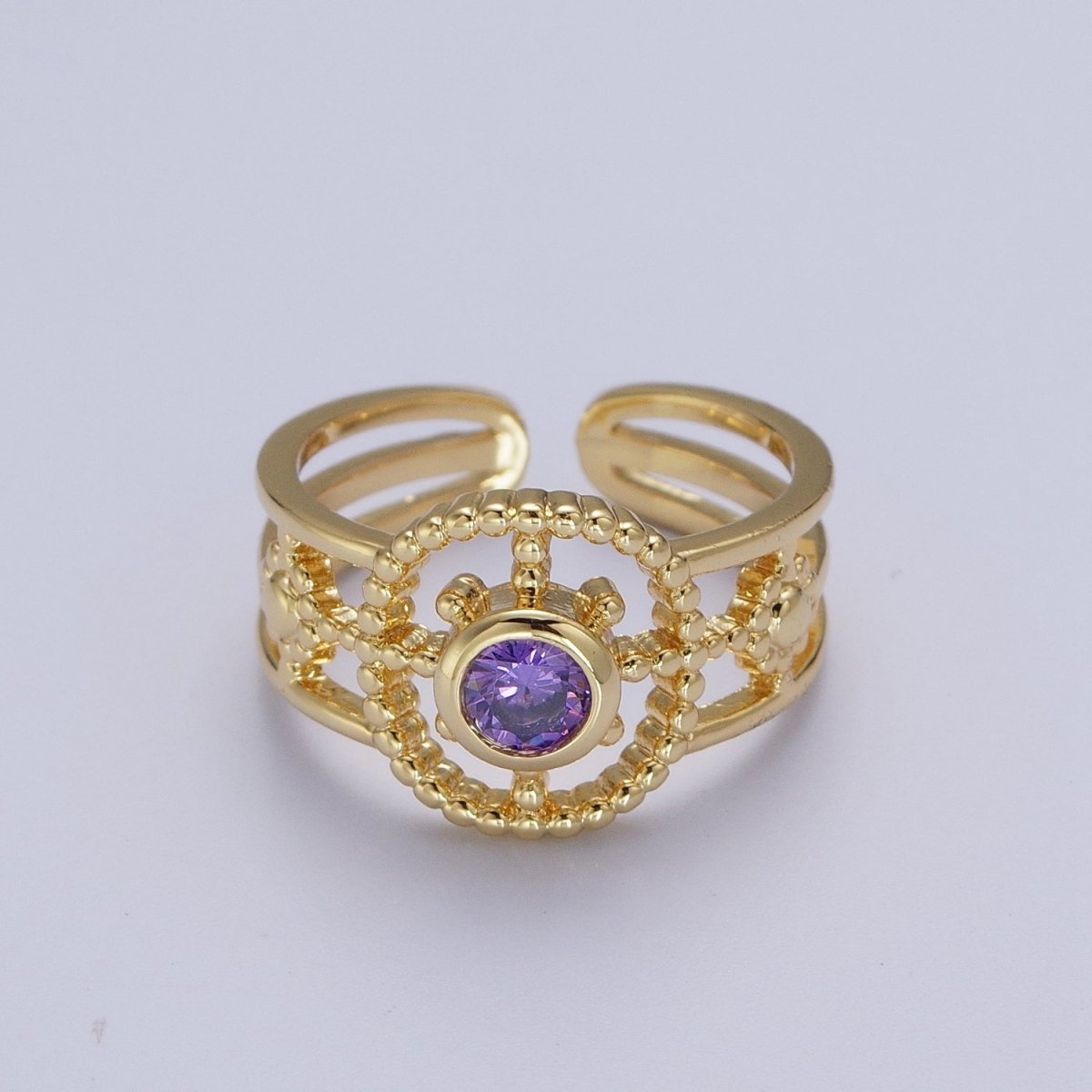 Gold Beaded Celestial Sun CZ Cubic Zirconia Double Band Ring | Y-380 ~ Y-385 - DLUXCA