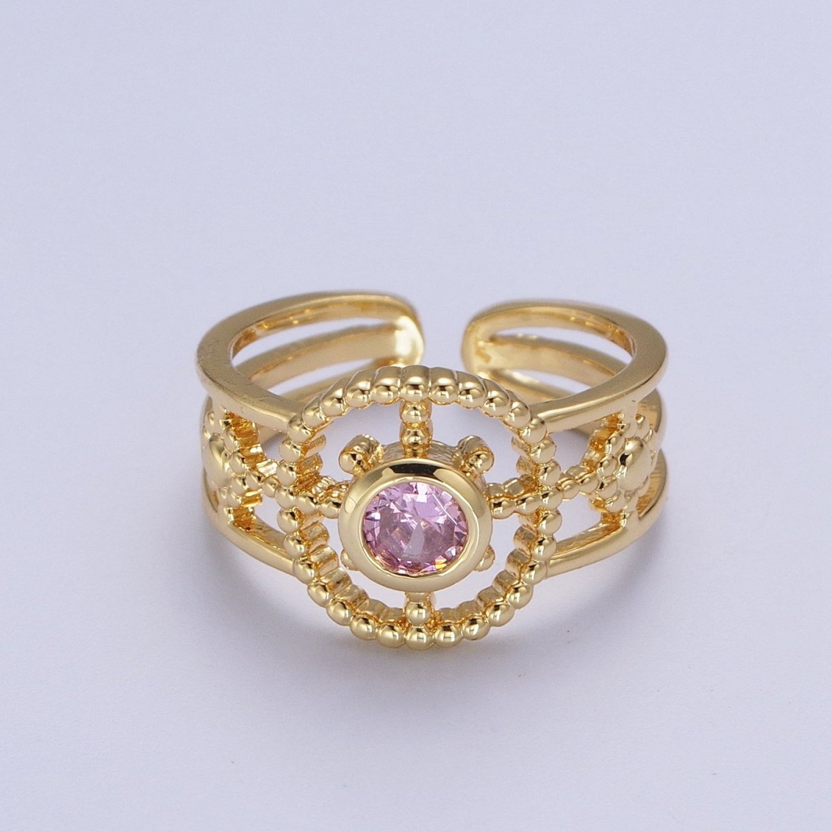 Gold Beaded Celestial Sun CZ Cubic Zirconia Double Band Ring | Y-380 ~ Y-385 - DLUXCA