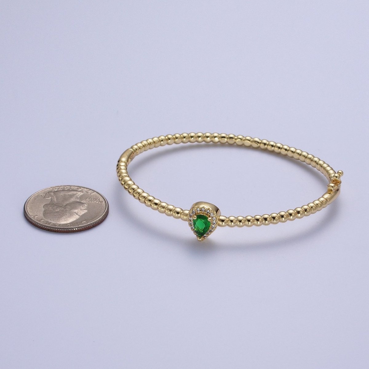 Gold Beaded Clear, Fuchsia, Green Micro Paved Teardrop Cubic Zirconia Bangle Bracelet | WA-1163 WA-1164 WA-1165 Clearance Pricing - DLUXCA