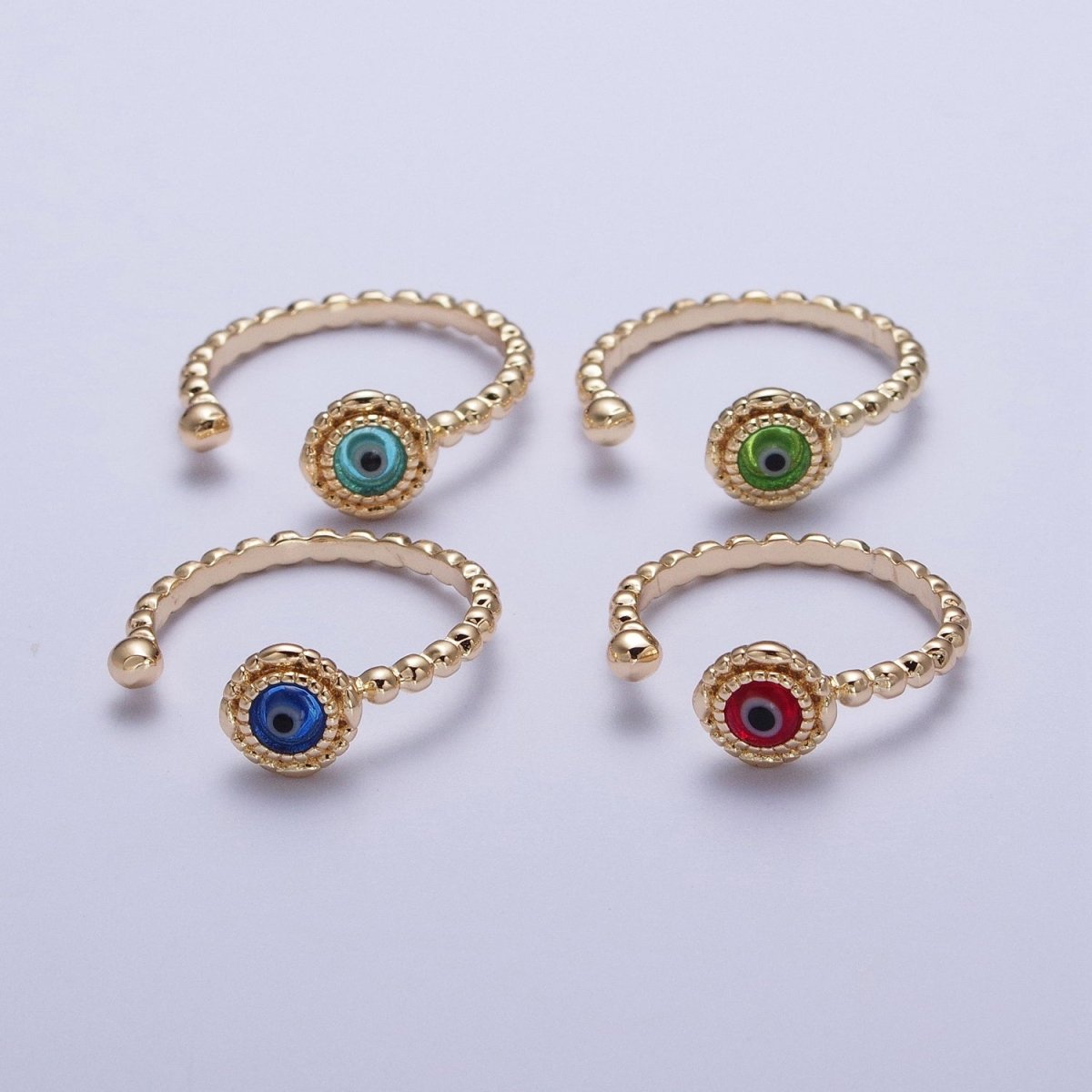 Gold Beaded Evil Eye Green Red Teal Blue Resin Adjustable Ring Protection Jewelry | X-565-X-568 - DLUXCA