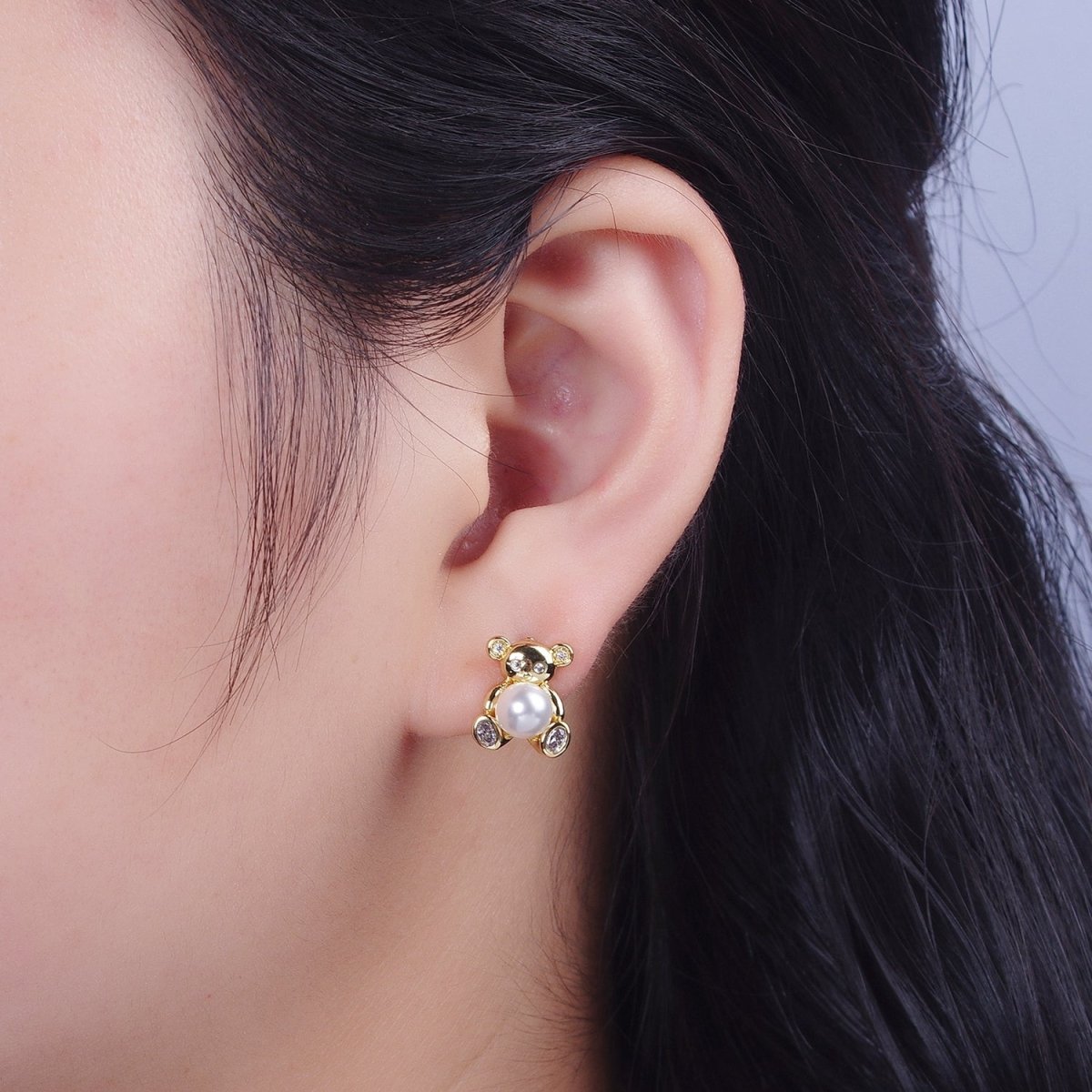 Gold Bear Stud Earring with Pearl For Women Jewelry P-278 - DLUXCA