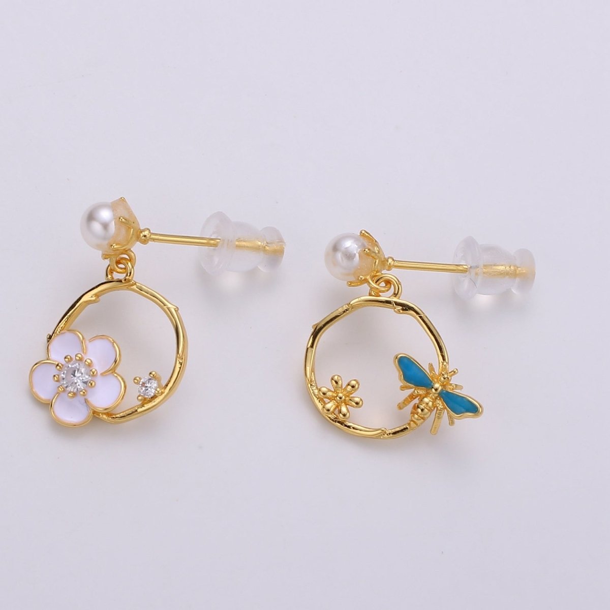 Gold Bee and Flower earrings, Studs, 13k Gold Filled Mismatched earrings, Gifts for kids Valentine Gift Jewelry Q-372 Q-373 - DLUXCA