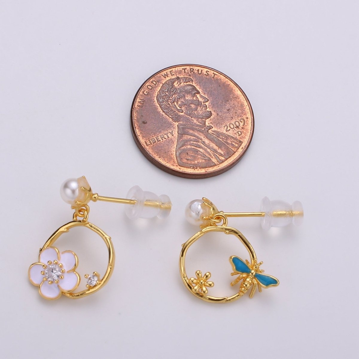 Gold Bee and Flower earrings, Studs, 13k Gold Filled Mismatched earrings, Gifts for kids Valentine Gift Jewelry Q-372 Q-373 - DLUXCA