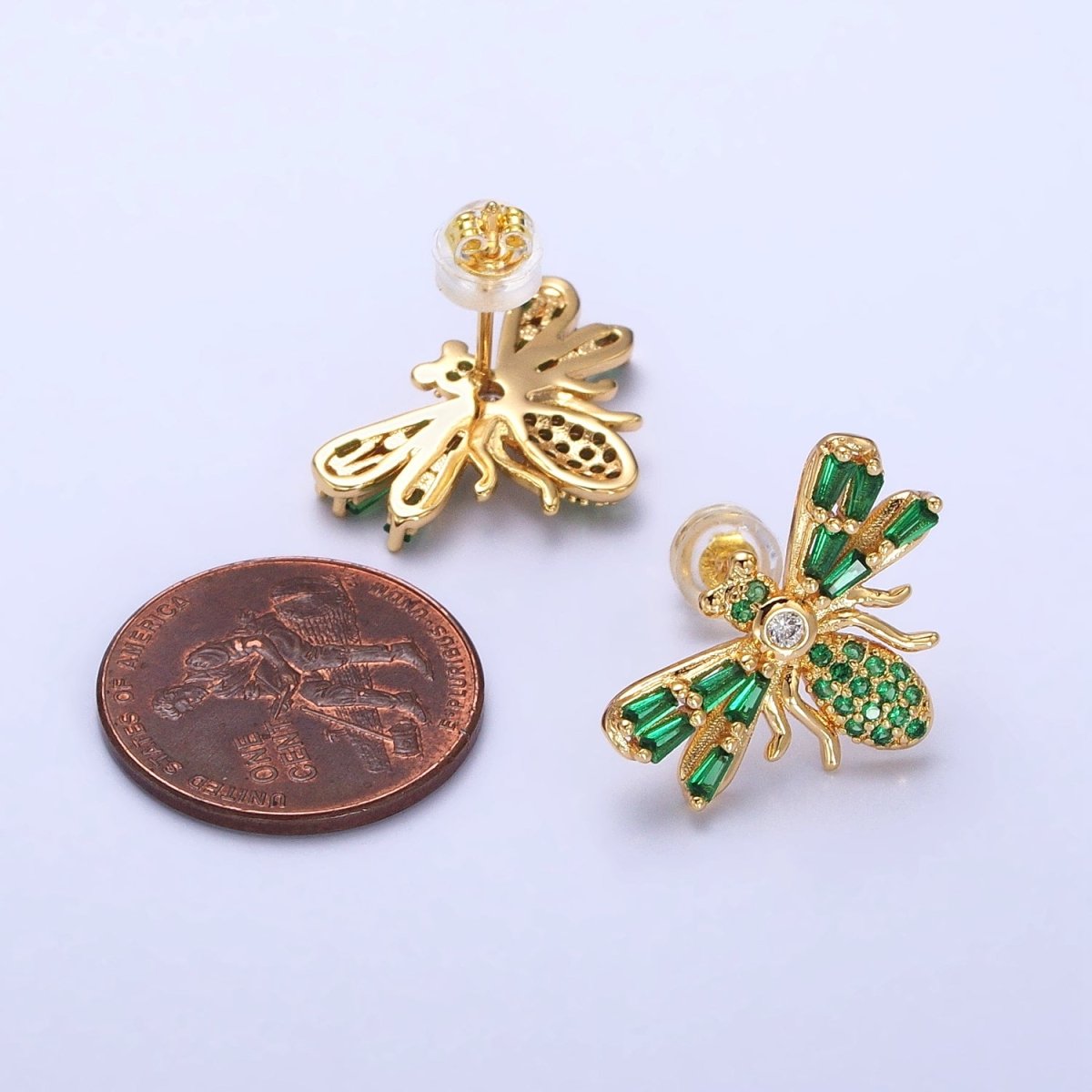 Gold Bee Silver Queen Bee Green Baguette Micro Paved CZ Stud Earrings | AB379 AB513 - DLUXCA