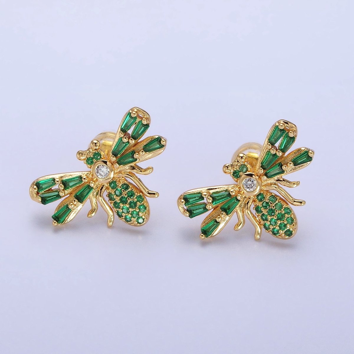 Gold Bee Silver Queen Bee Green Baguette Micro Paved CZ Stud Earrings | AB379 AB513 - DLUXCA