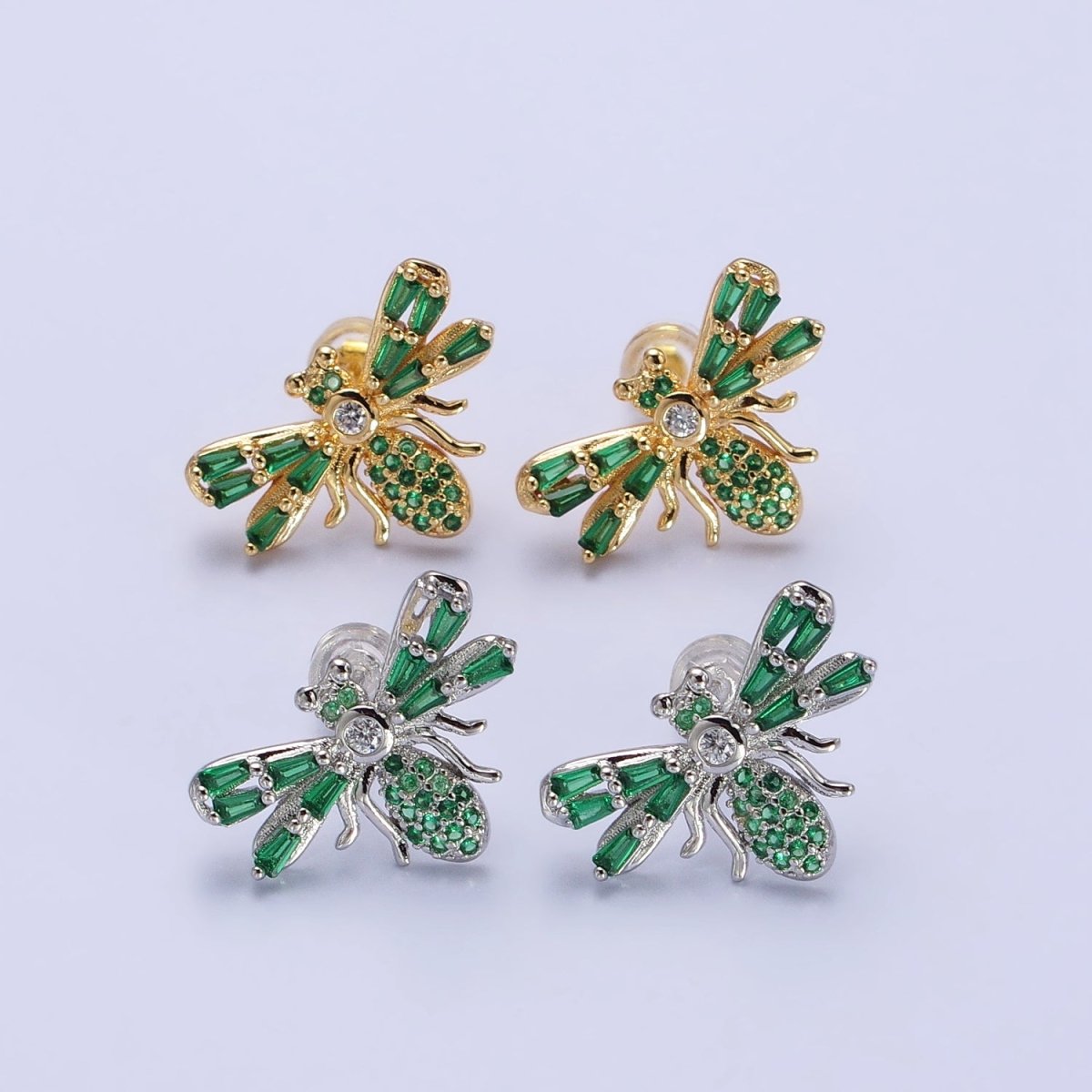 Gold Bee Silver Queen Bee Green Baguette Micro Paved CZ Stud Earrings | AB379 AB513 - DLUXCA