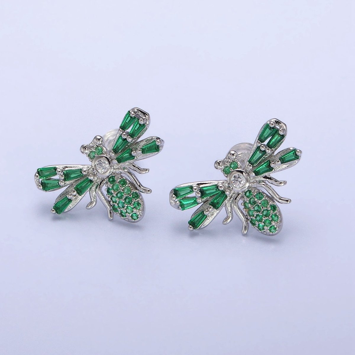 Gold Bee Silver Queen Bee Green Baguette Micro Paved CZ Stud Earrings | AB379 AB513 - DLUXCA