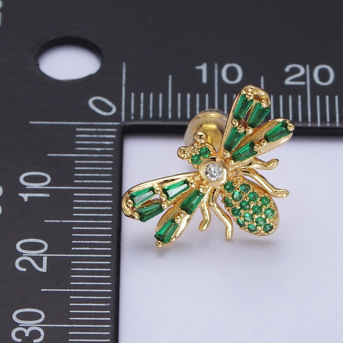 Gold Bee Silver Queen Bee Green Baguette Micro Paved CZ Stud Earrings | AB379 AB513 - DLUXCA