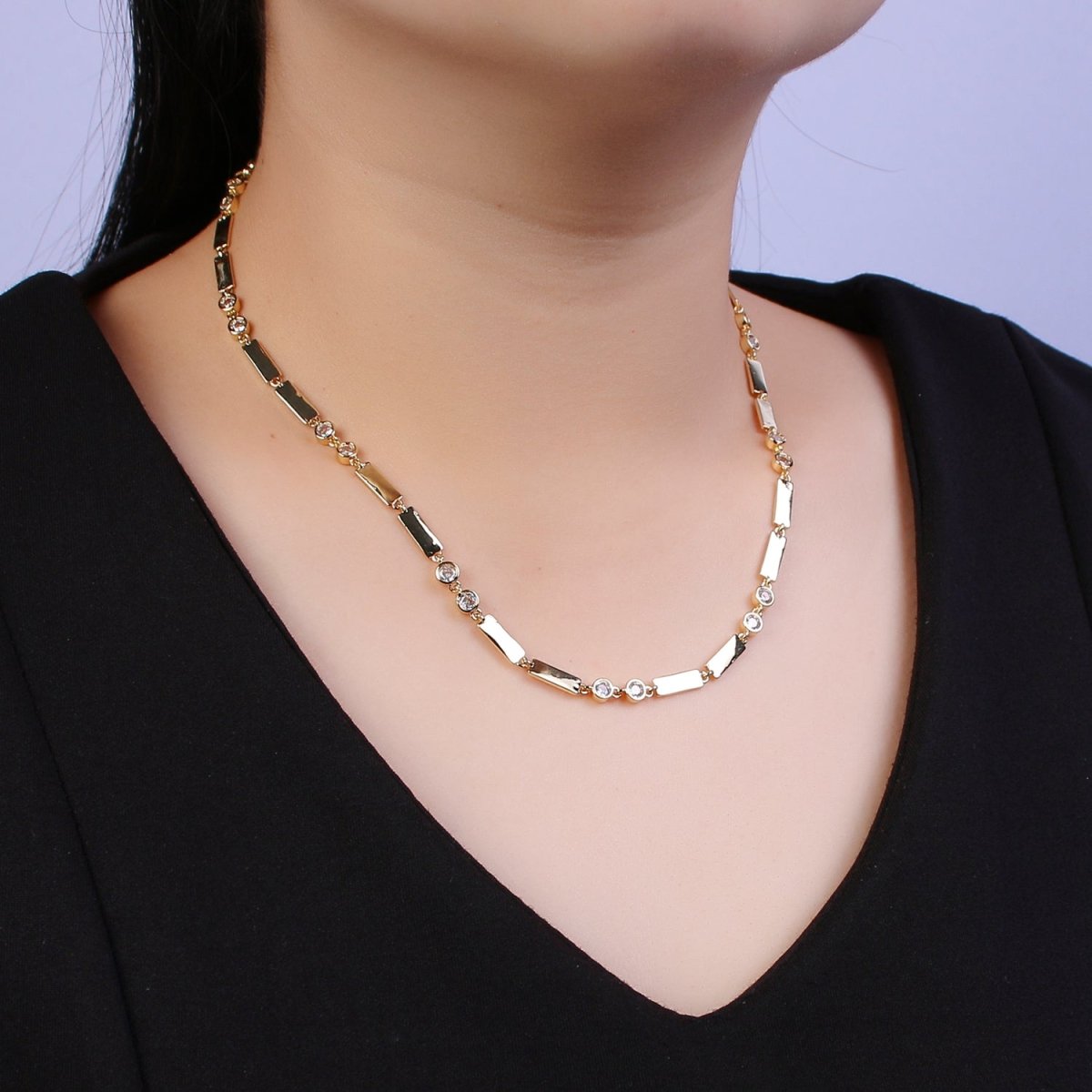 Gold Bezel Chain Necklace, Flat Bar Satellite Layered Jewelry • Layering Necklace for Statement Necklace | WA-739 Clearance Pricing - DLUXCA