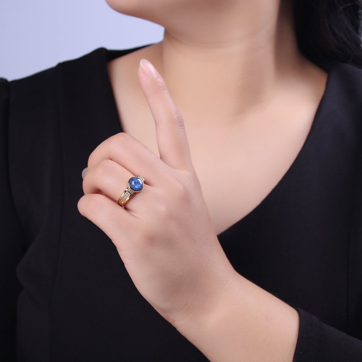 Gold Blue Tiger Eye Rings | Oval Gemstone Signet Ring | Gold Gem Stone Rings | Chunky Gold Statement Ring U-372 - DLUXCA