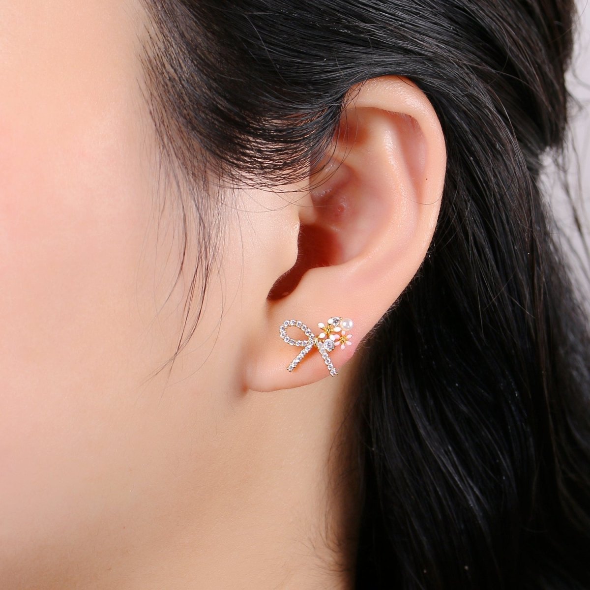 Gold Bow Earrings- 24k Gold Tiny Dainty Small Bow White CZ Gem Minimalist Jewelry Studs for Women Q-384 Q-385 - DLUXCA