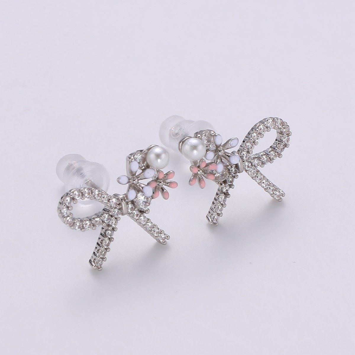 Gold Bow Earrings- 24k Gold Tiny Dainty Small Bow White CZ Gem Minimalist Jewelry Studs for Women Q-384 Q-385 - DLUXCA