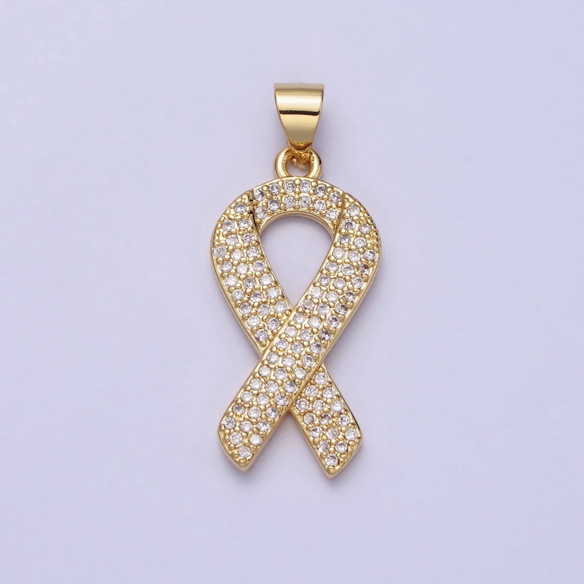 Gold Breast Cancer Awareness Ribbon Clear, Pink Micro Paved CZ Pendant | AA163 AA164 - DLUXCA