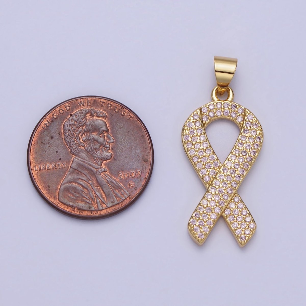 Gold Breast Cancer Awareness Ribbon Clear, Pink Micro Paved CZ Pendant | AA163 AA164 - DLUXCA
