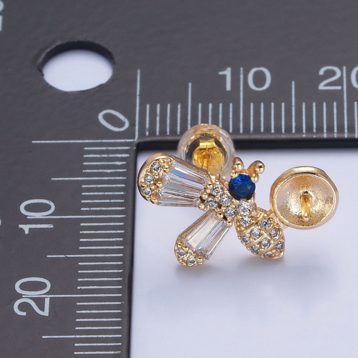 Gold Bumble Bee Studs, Animal Earrings, CZ Pearl Earrings Making Component L-771 - DLUXCA
