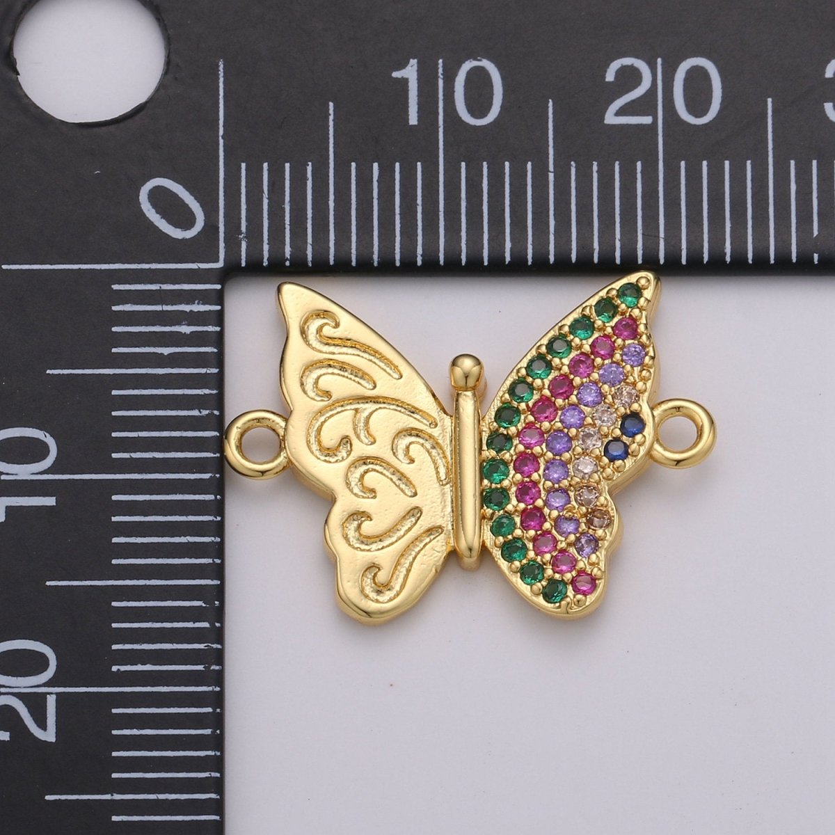 Gold Butterfly Charm Connector, Micro Pave Mariposa Charm, CZ Charms, Cubic Zirconia Butterfly, Micro Pave Link Bracelet Connector F-395 - DLUXCA