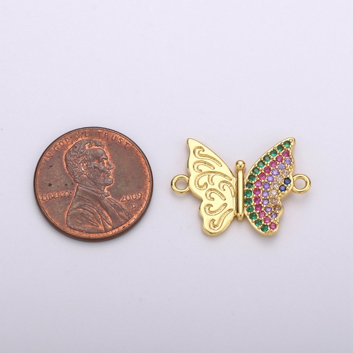Gold Butterfly Charm Connector, Micro Pave Mariposa Charm, CZ Charms, Cubic Zirconia Butterfly, Micro Pave Link Bracelet Connector F-395 - DLUXCA