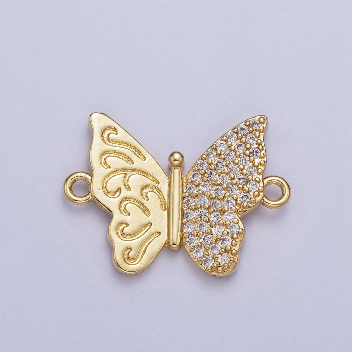 Gold Butterfly Connector Charm, Half Engraving Half Micro Pave Cubic Zirconia Bracelet Necklace Connector For Jewelry Making F-059 - DLUXCA