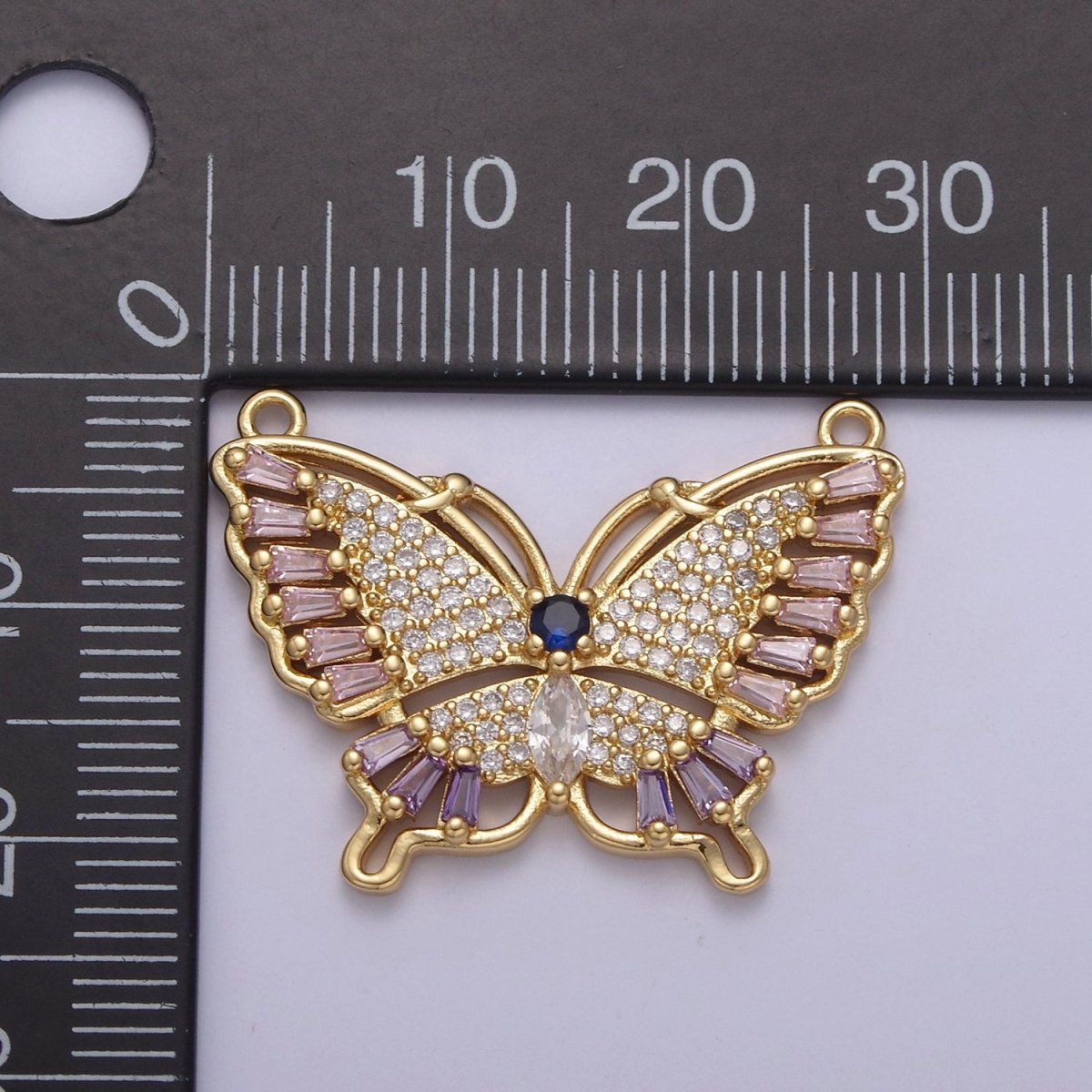 Gold Butterfly Cubic Zirconia Pavé with 2 Loops Cubic Clear CZ Gold Mariposa Charm Connector N-134 - DLUXCA