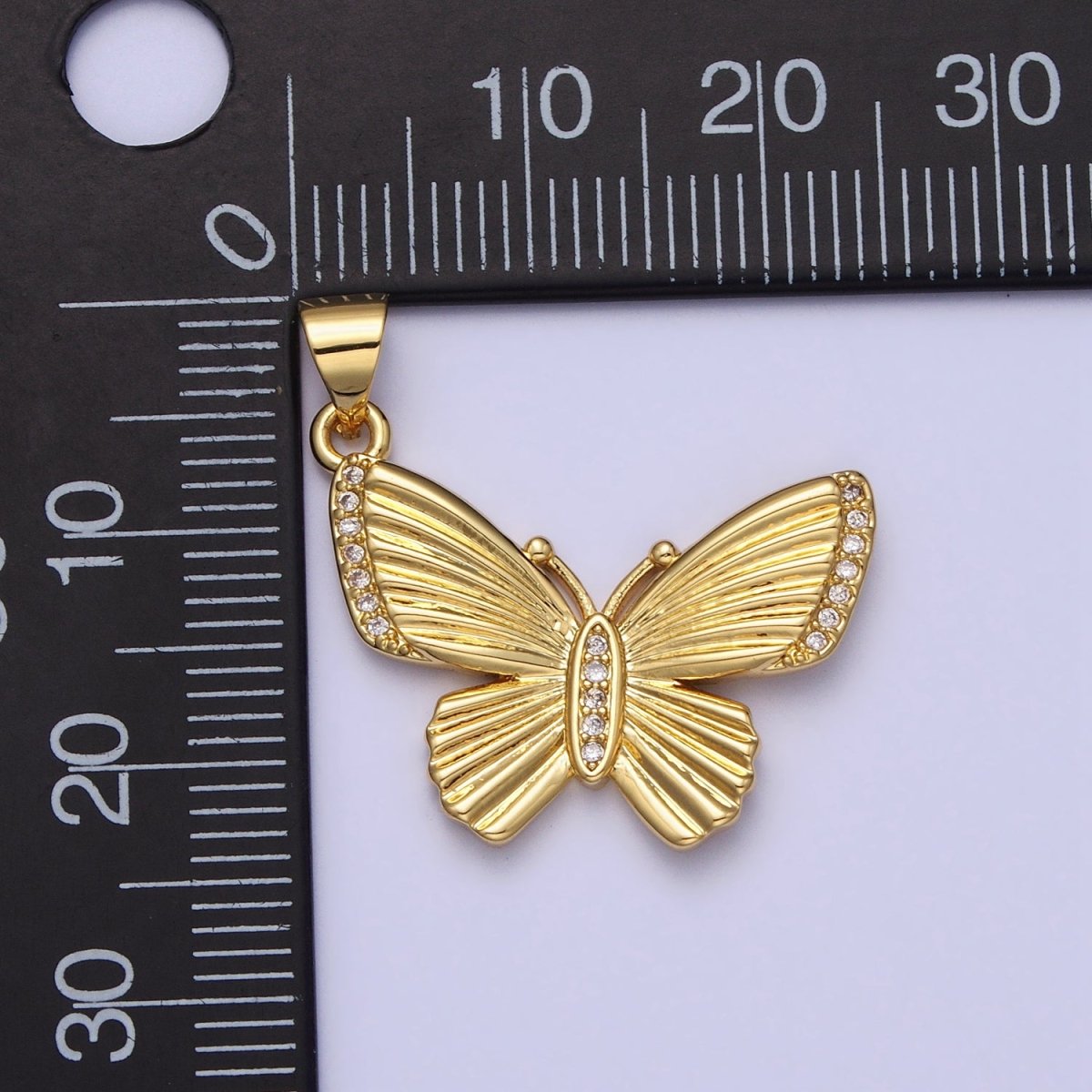 Gold Butterfly Mariposa Textured Sunburst Clear Micro Paved CZ Pendant | AA156 - DLUXCA