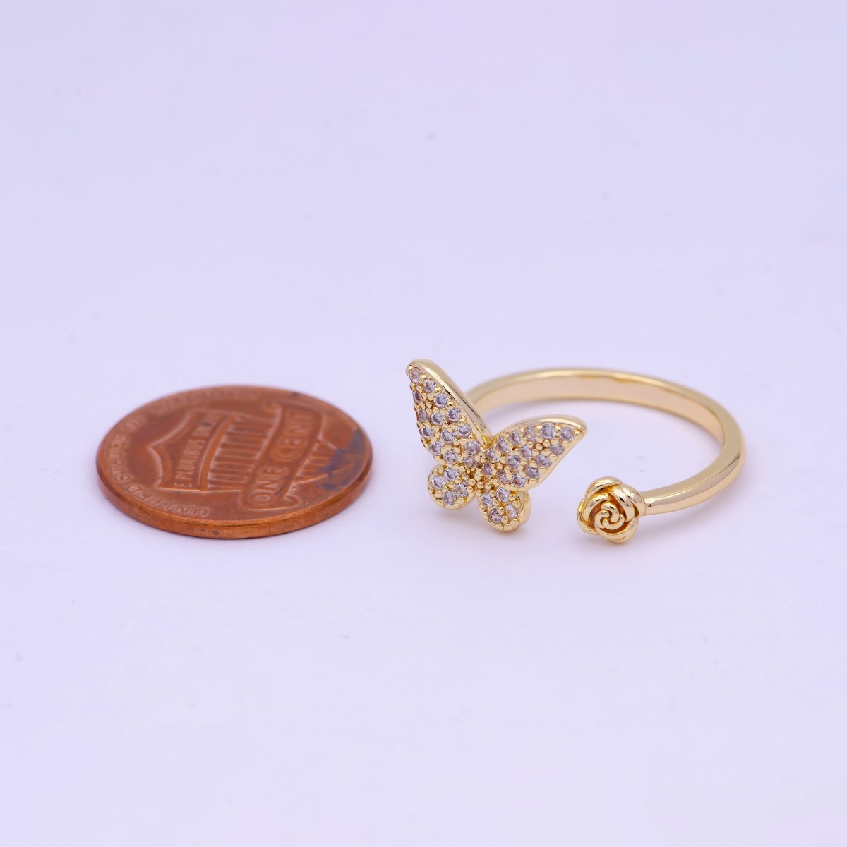 Gold Butterfly Ring with Rose Flower Open Adjustable | X-604 - DLUXCA