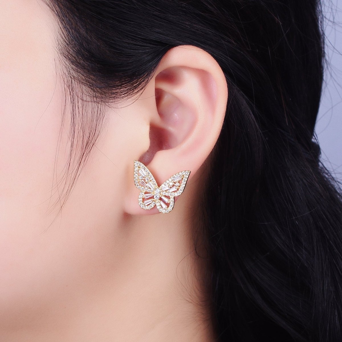 Gold Butterfly Stud Earring Clear Baguette Cz Micro Pave Stone Mariposa Earring AB673 - DLUXCA