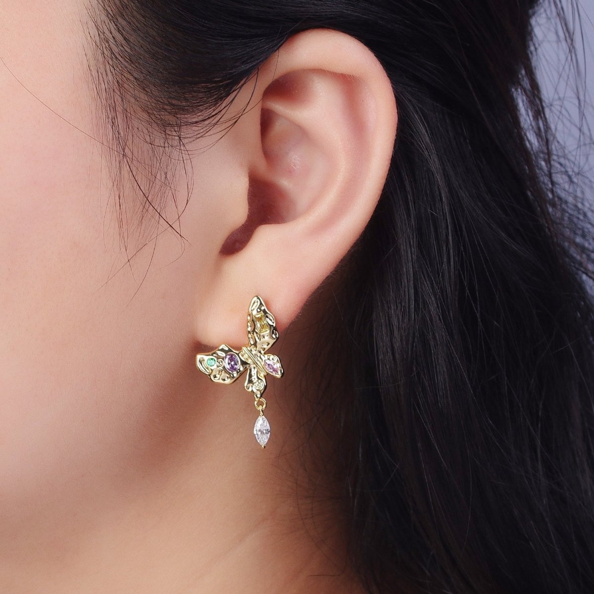 Gold Butterfly Stud Earring with Marquise Drop Charm Clear Multi Color Cz Mariposa Earring AE-1042 AE-1043 - DLUXCA