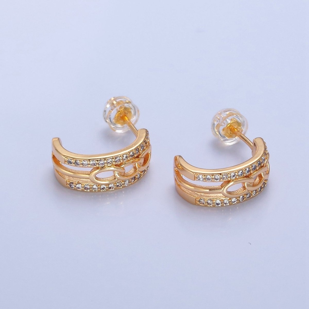 Gold Cable Link Hoop Earring with Cz Stone T-469 - DLUXCA