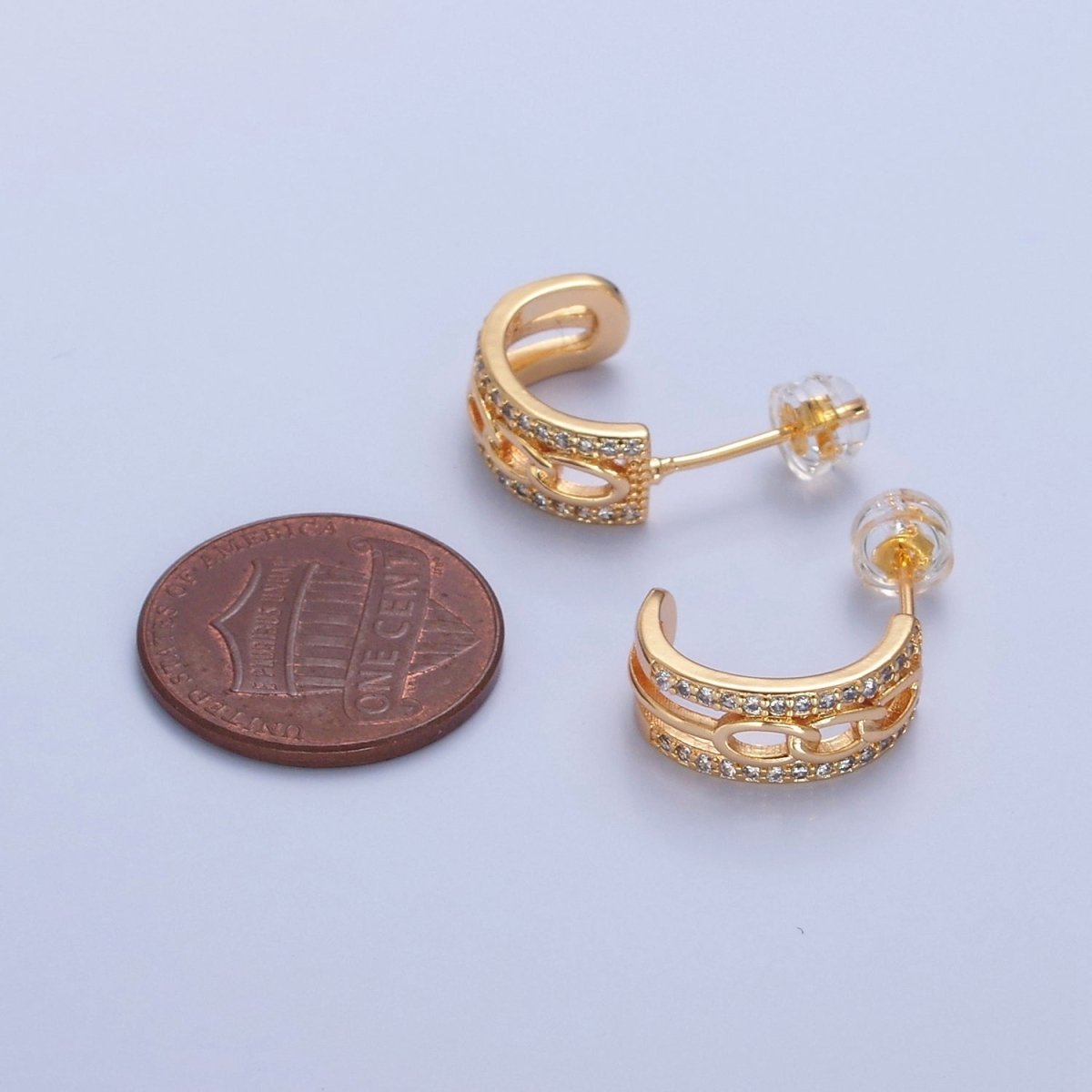 Gold Cable Link Hoop Earring with Cz Stone T-469 - DLUXCA