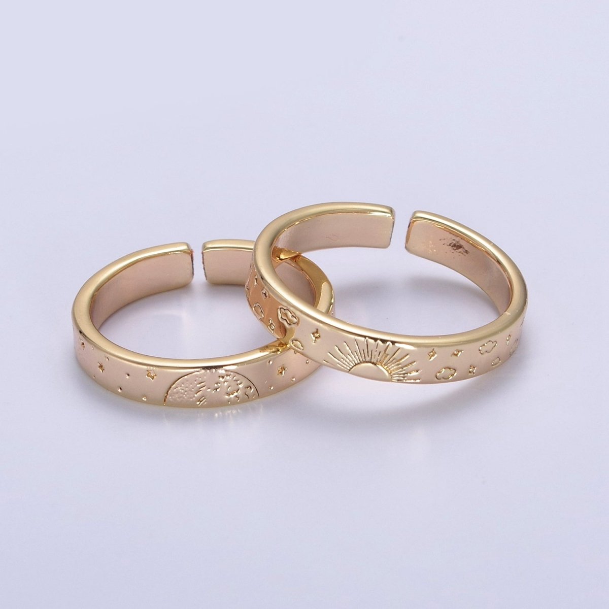 Gold Celestial Astronomy RING SET, Engraved Sun & Moon & Stars Gold Band Rings, 16K Gold Filled Adjustable Rings U-442 - DLUXCA