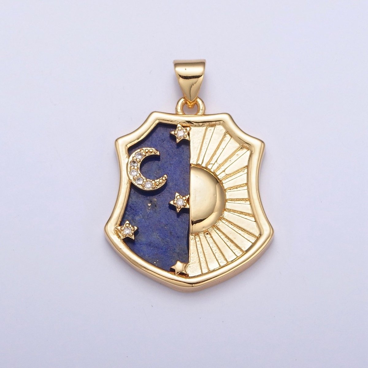 Gold Celestial Crest Pendant, Micro Pave Crescent Moon & Stars Shining Sun Pendant For Jewelry Making H-696 - DLUXCA