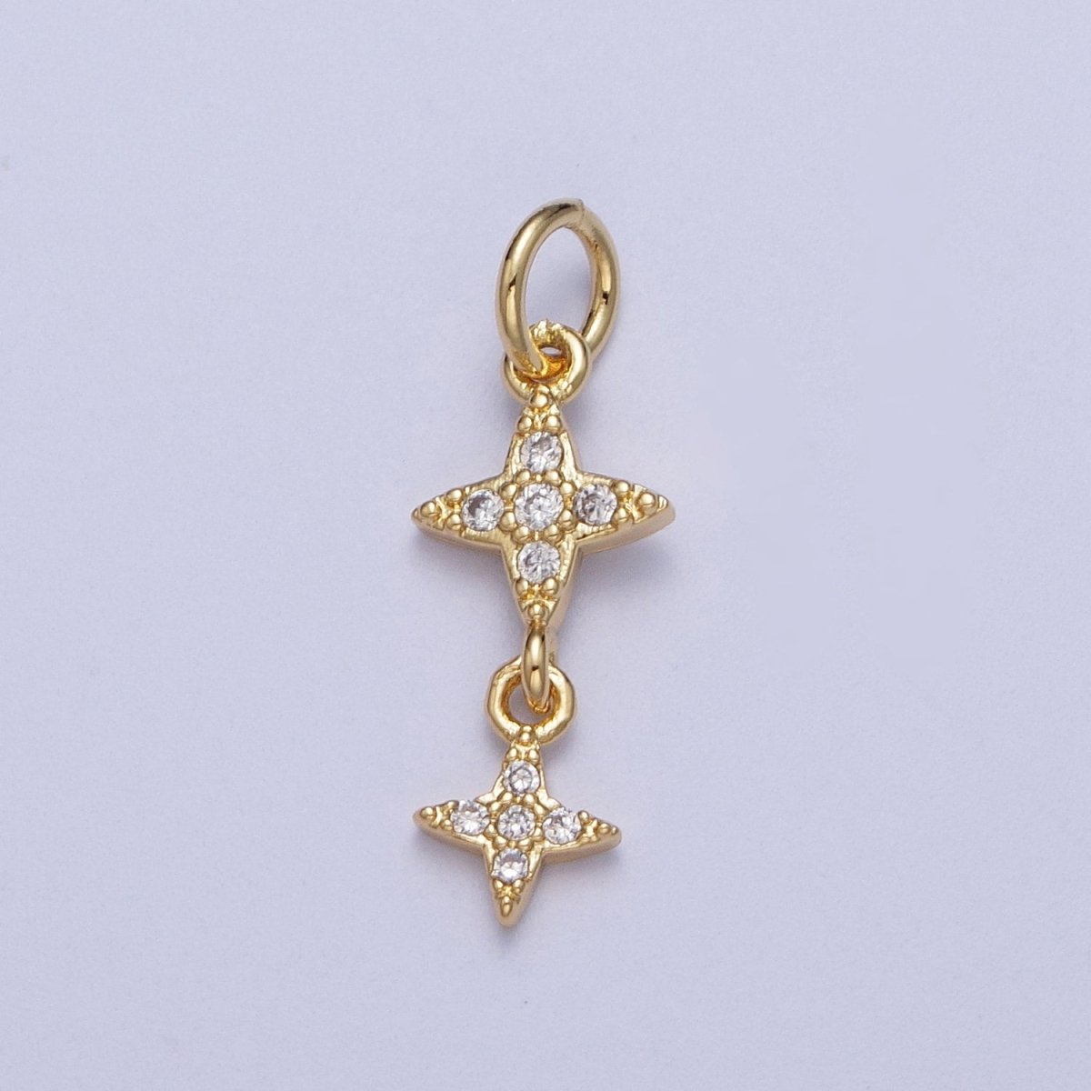 Gold Celestial Double Stars Micro Paved Cubic Zirconia Charm For DIY Jewelry Making | X-720 - DLUXCA
