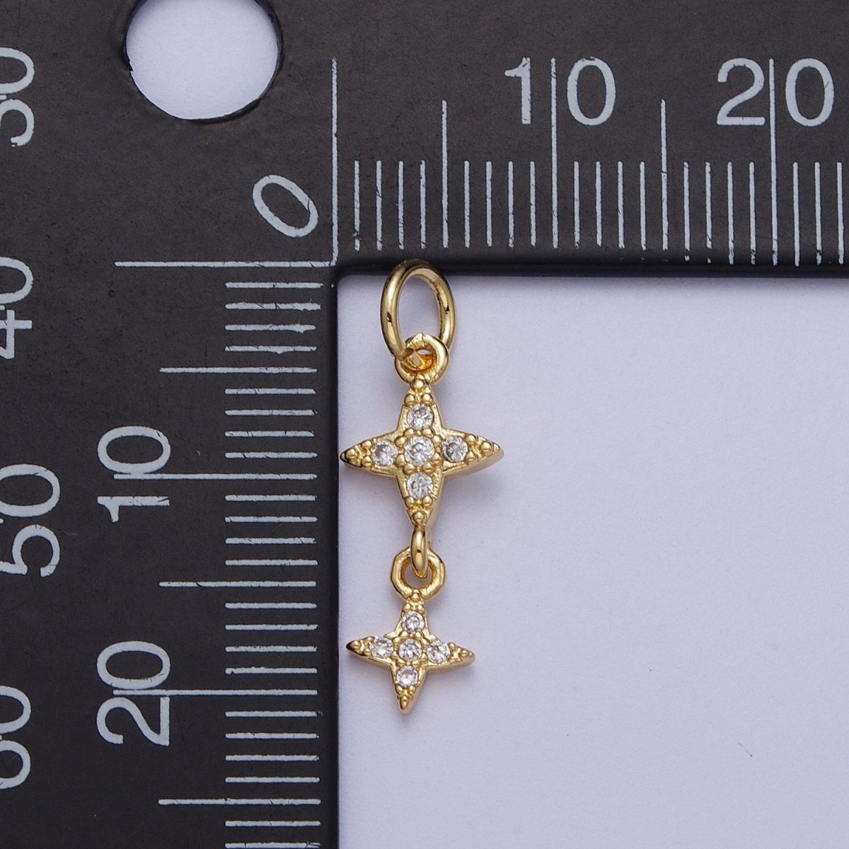 Gold Celestial Double Stars Micro Paved Cubic Zirconia Charm For DIY Jewelry Making | X-720 - DLUXCA