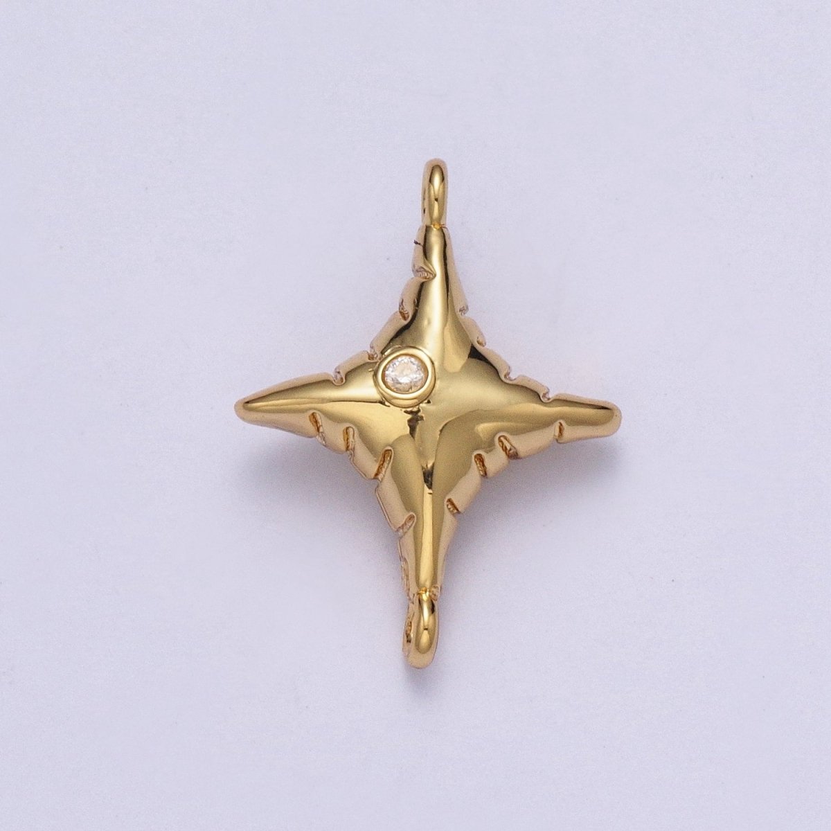 Gold Celestial Four Pointed North Star Textured with Round Dainty Cubic Zirconia Charm Component For Jewelry Making G-527 - DLUXCA