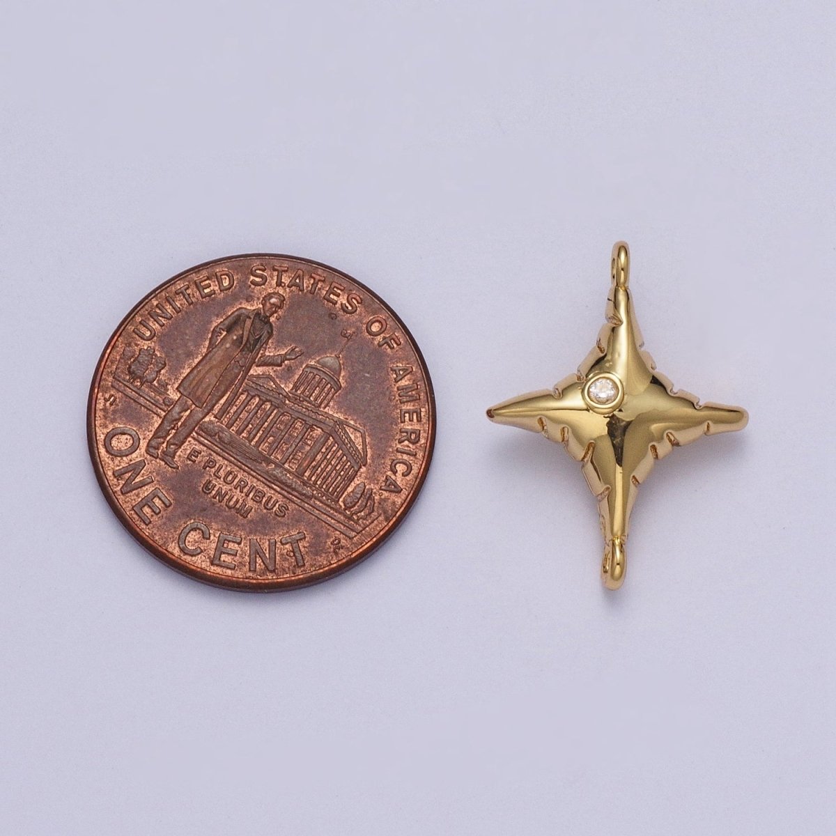 Gold Celestial Four Pointed North Star Textured with Round Dainty Cubic Zirconia Charm Component For Jewelry Making G-527 - DLUXCA