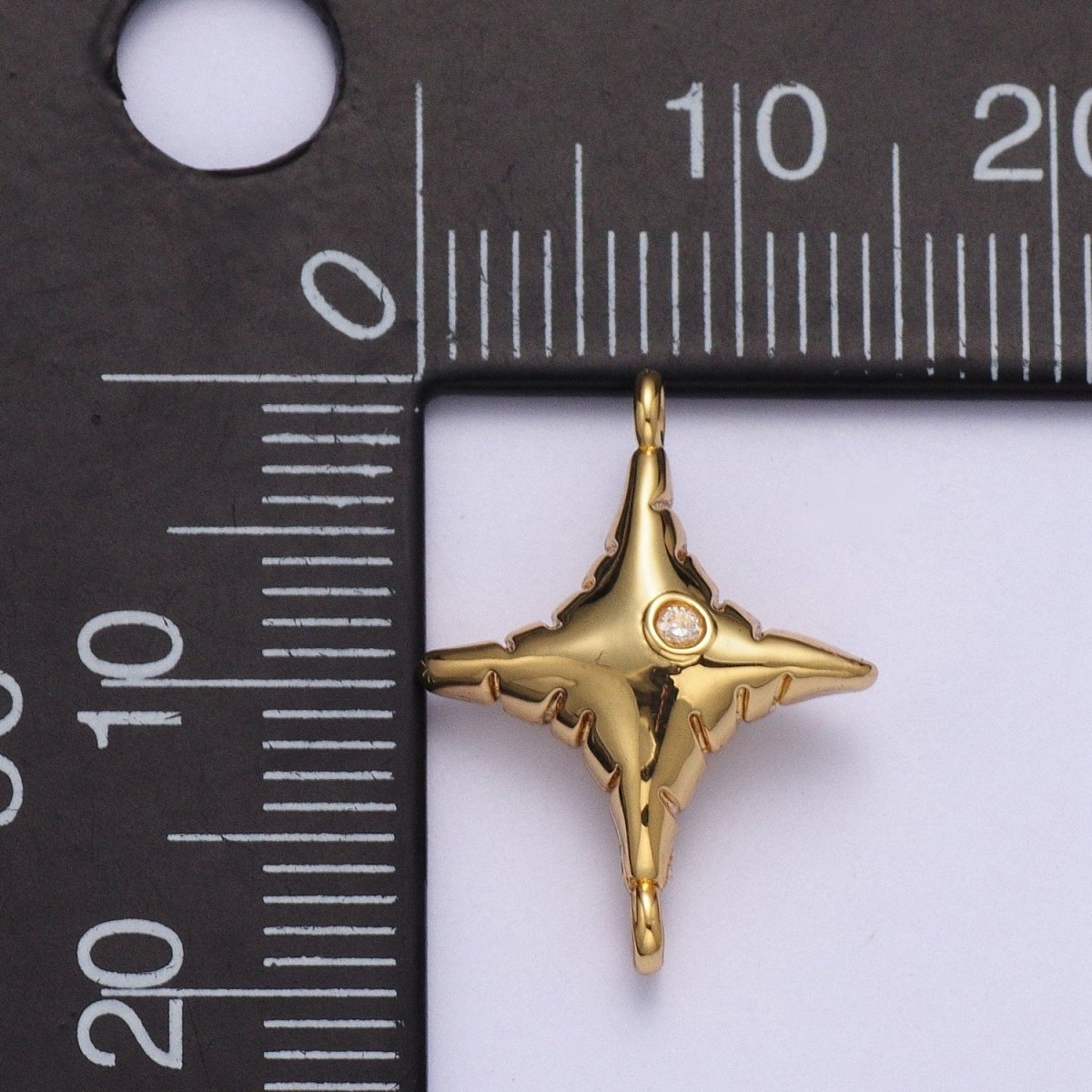 Gold Celestial Four Pointed North Star Textured with Round Dainty Cubic Zirconia Charm Component For Jewelry Making G-527 - DLUXCA