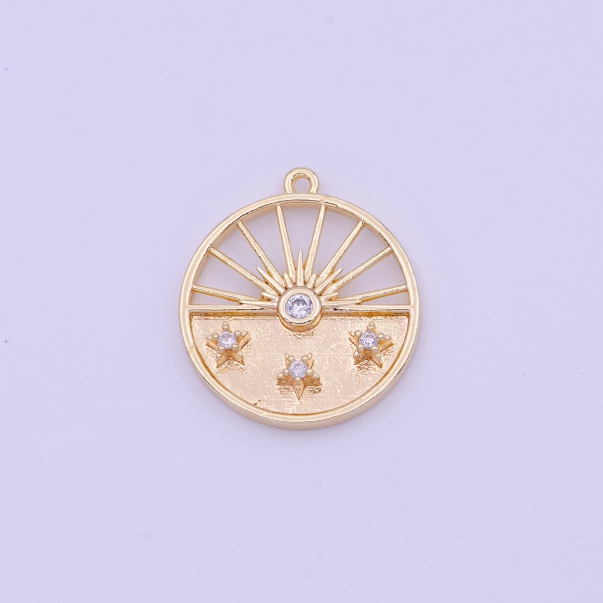 Gold Celestial Rising Sun Clear CZ Stars Round Charm | D-392 - DLUXCA