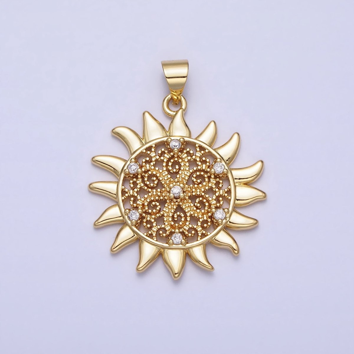 Gold Celestial Shinning Sun Filigree Beaded Clear CZ Pendant | AA157 - DLUXCA