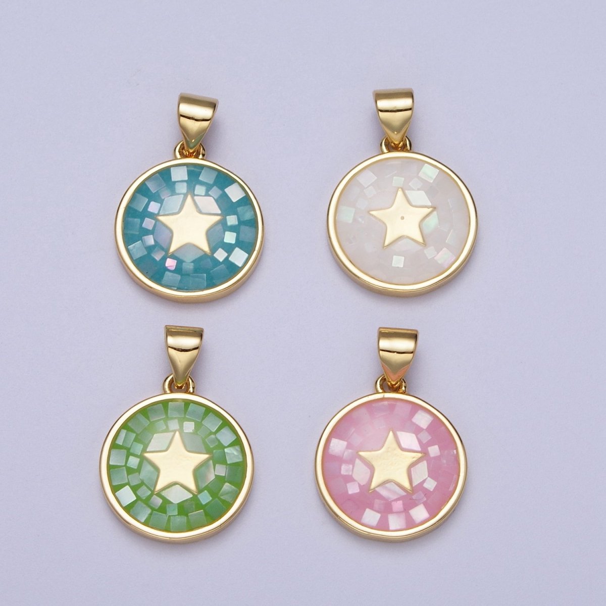 Gold Celestial Star White, Pink, Green, Teal Shell Opal Round Pendant I-584 I-622 I-647 I-719 - DLUXCA