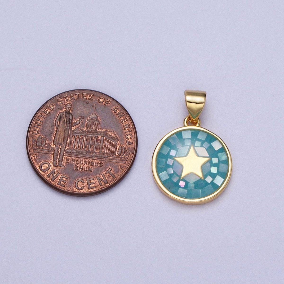 Gold Celestial Star White, Pink, Green, Teal Shell Opal Round Pendant I-584 I-622 I-647 I-719 - DLUXCA