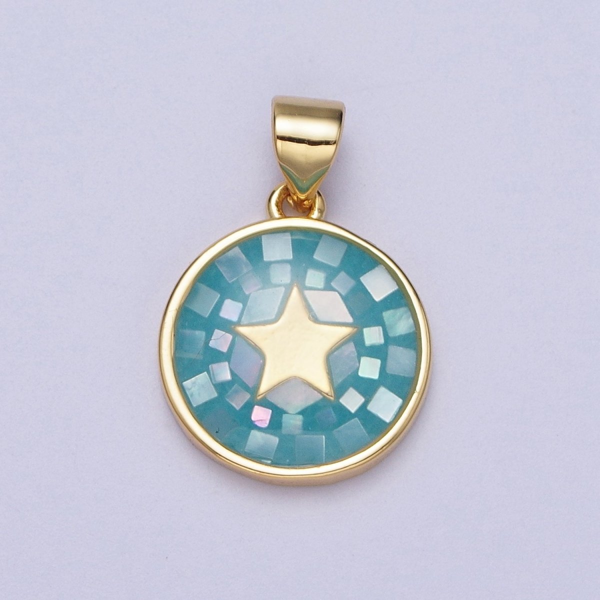 Gold Celestial Star White, Pink, Green, Teal Shell Opal Round Pendant I-584 I-622 I-647 I-719 - DLUXCA